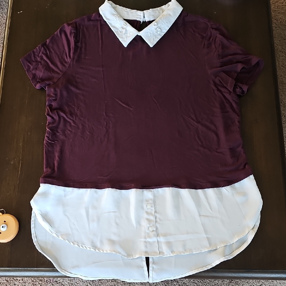 Elle Maroon and White Blouse with Peter Pan Collar And Faux Under Shirt